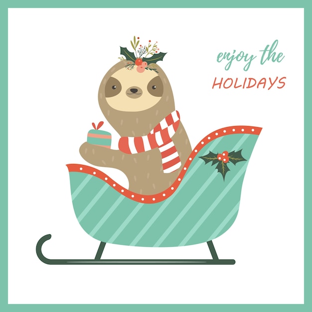 Christmas sloth sitting in the sledge Holiday greeting card with cute animal