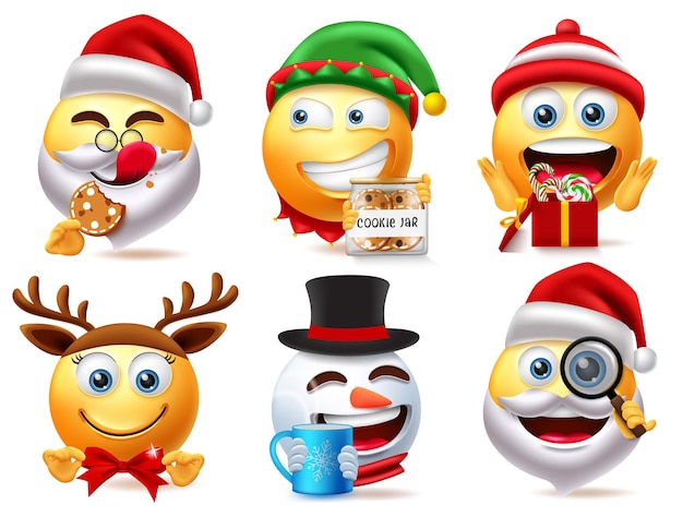 Set di vettori di personaggi 3d di smiley natalizio personaggio di natale come babbo natale ed elfo