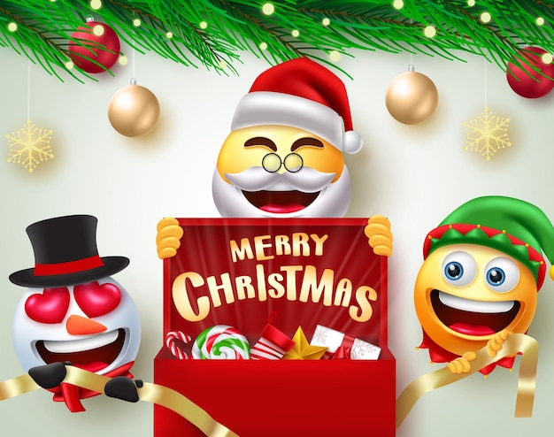 Christmas smiley characters vector design Merry christmas text with santa claus and snowman