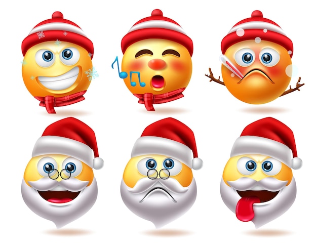 Vettore set di vettori di personaggi di smiley natalizio pupazzo di neve e babbo natale personaggio emoji 3d in malato e canta