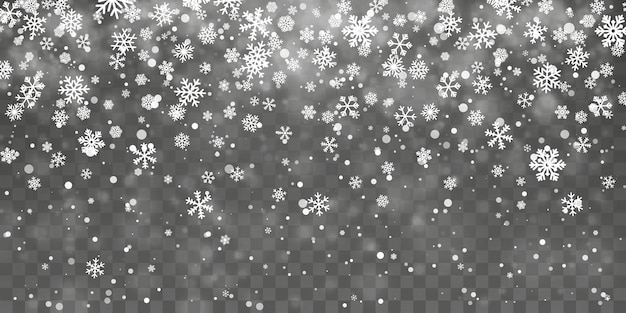 クリスマスの雪。透明な背景に降る雪。降雪。ベクトルイラスト。