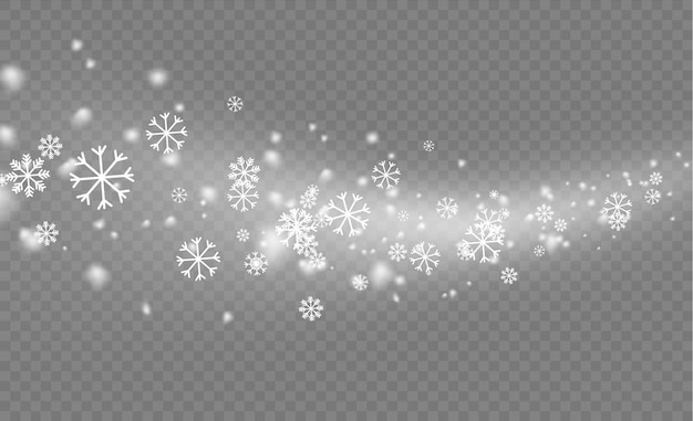 クリスマス雪のフレーク。降雪、さまざまな形や形の雪片。透明な背景に多くの白い冷たいフレーク要素。白い降雪のテクスチャです。