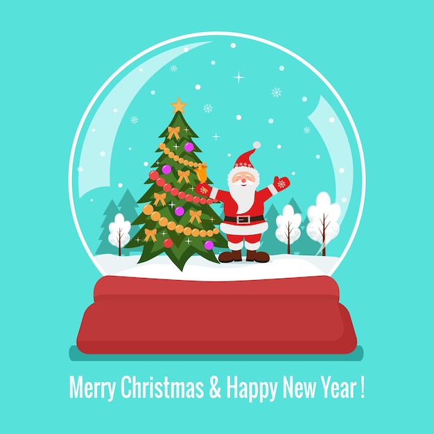 Christmas snow glass ball with santa claus and christmas tree flat