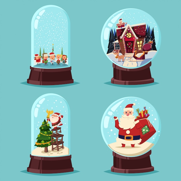 Christmas snow globe vector cartoon set. Glass ball with Santa Claus, tree, children and house isolated .