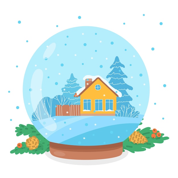 Рождественский снежный шар с домиком и елками под снегом