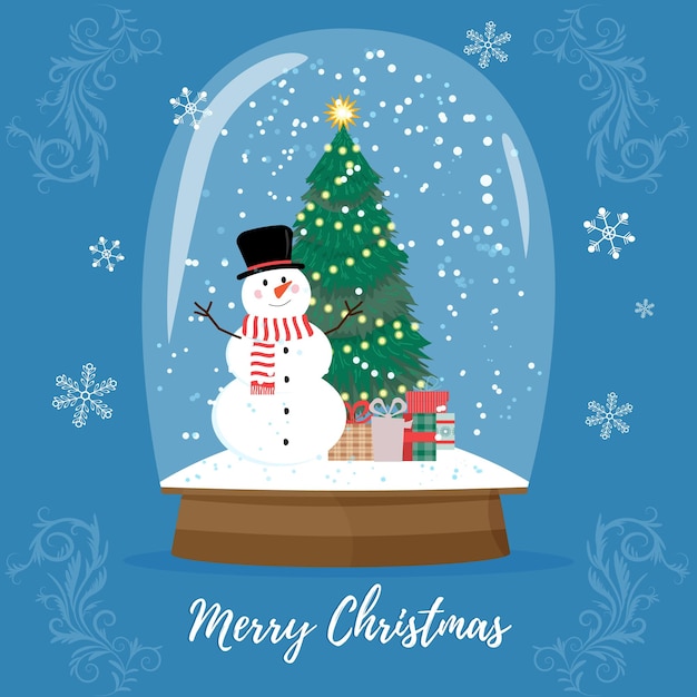 벡터 떨어지는 눈과 크리스마스 트리, 벡터 일러스트와 함께 크리스마스 스노우 글로브. 마법의 겨울 휴가 유리 글로브. 메리 크리스마스 크리스탈 스노우글로브, 마법의 인사말 카드 장난감. 광택 집 선물입니다.