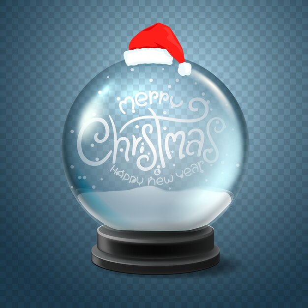 Christmas snow globe with santa hat and lettering inscription merry christmas and happy new year