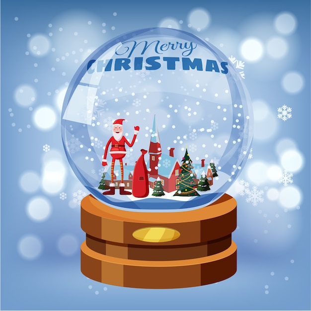 Christmas Snow globe with shiny snow Santa Claus, winter landscape