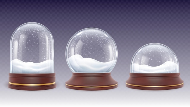 Christmas snow globes glass globe with snowy and snowfall empty realistic 3d new year ball on wooden stand glowing toy pithy crystal dome vector set of glass christmas ball with snow illustration