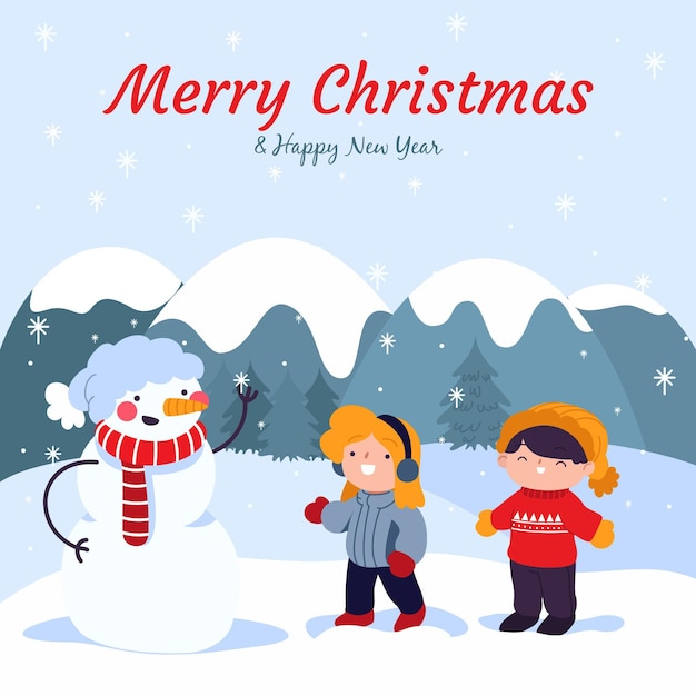 Christmas snow scene with kids and snowman