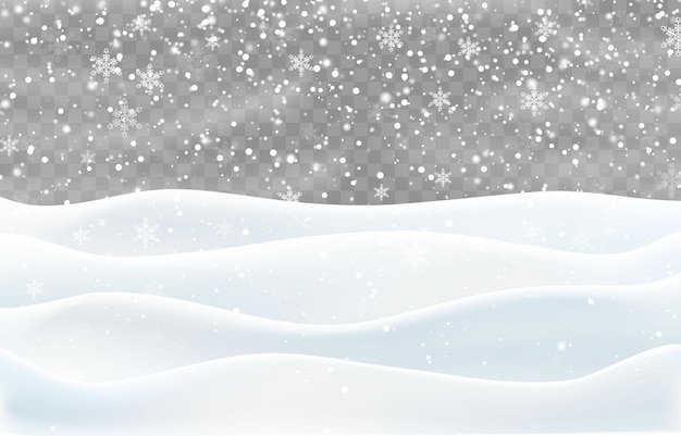 Christmas snow and snowdrifts, snowflakes falling on the frozen hills, vector heavy snowfall on png