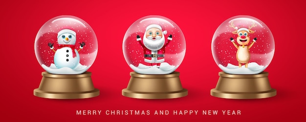 クリスマス スノーボール ベクトルを設定します。サンタ クロース、雪だるま、トナカイのクリスマス スノーボール要素。