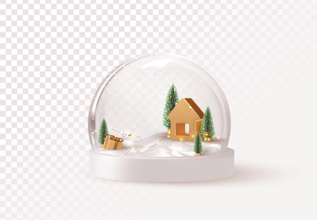 Christmas Snowball with trees and house. Glass snow globe isolated realistic 3d design. Festive Xmas object. Happy New Year and Merry Christmas. vector illustration