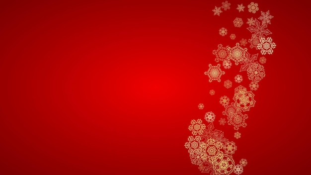 赤い背景のクリスマスの雪片冬のバナーギフトクーポンバウチャー広告パーティーイベントサンタクロースの色の金色のクリスマスの雪片の水平キラキラフレーム休日の雪が降る