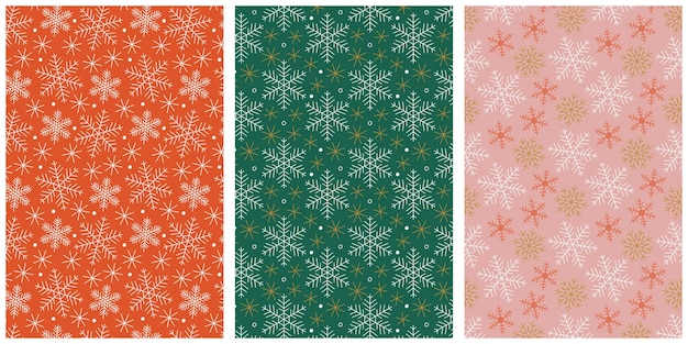 クリスマス・スノーフラック・シームレス・パターン・セット 赤・ピンク・緑の背景に白赤金色のスノウフラック 美しい現代的な冬の休日のデザイン ベクトルイラスト