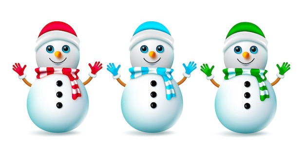 クリスマス雪だるま文字ベクトルを設定します。キュートでフレンドリーなクリスマス雪男の 3 d キャラクター。