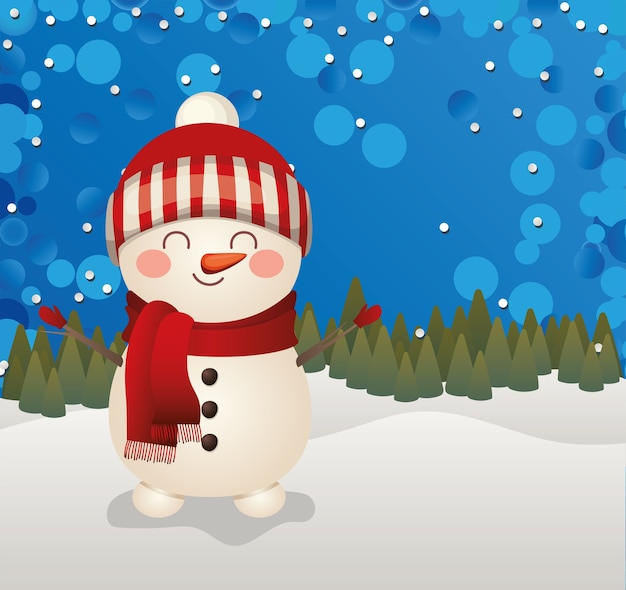 Christmas snowman  in a forest background  illustration