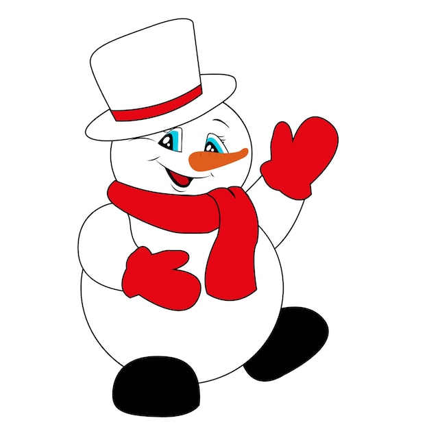 Christmas snowman in a hat with a scarf and mittens New Year Smiling and waving