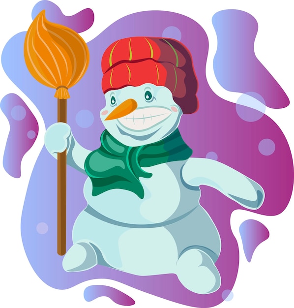 рождественский снеговик, сделанный с любовью, с шарфом на шее и метлой в руках