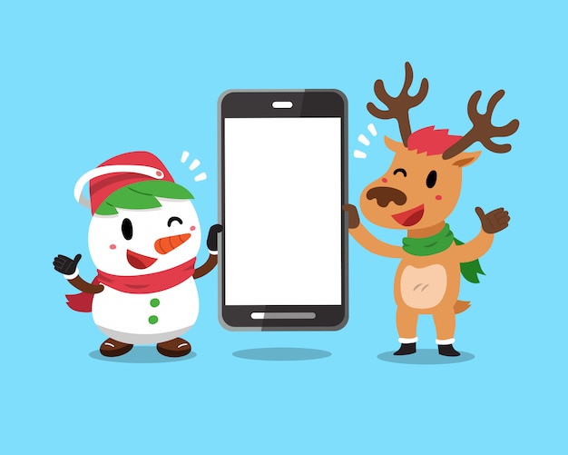 Christmas snowman and reindeer holding big smartphone