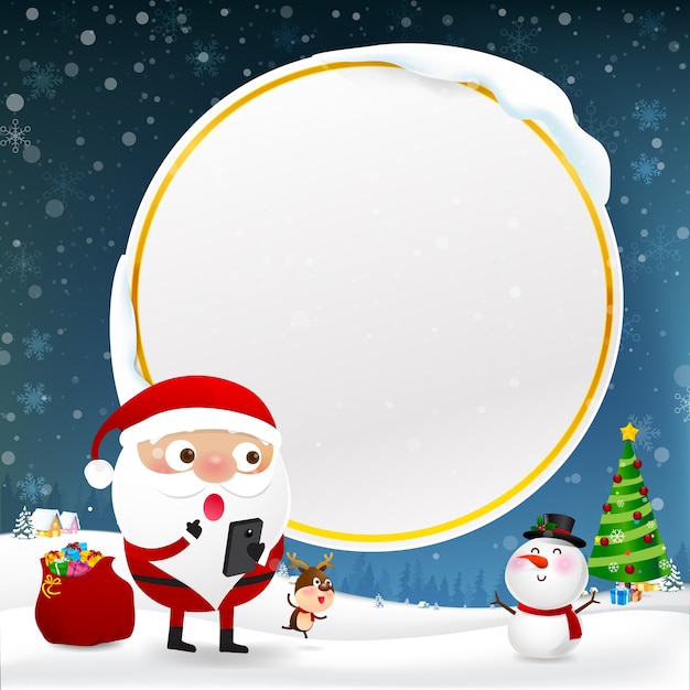 Vector christmas snowman santa claus using mobile smart phone and reindeer cartoon