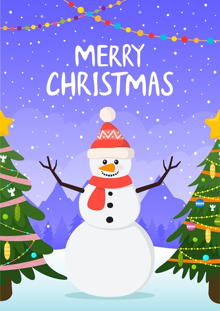 christmas snowman with christmas tree on winter background