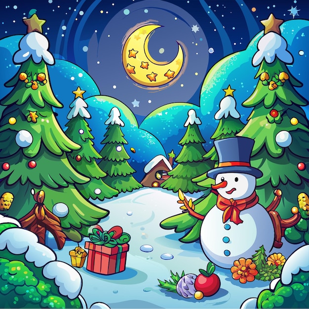 ベクトル 多くのギフトボックスと装飾された木のクリスマススノーマン 手描きの漫画キャラクター
