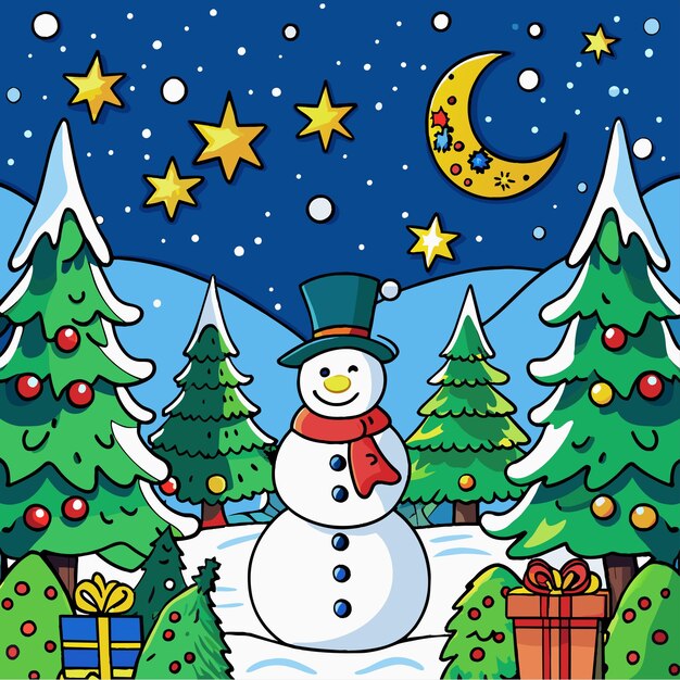 Vector christmas snowman with many gift boxes and decorated tree hand drawn cartoon character