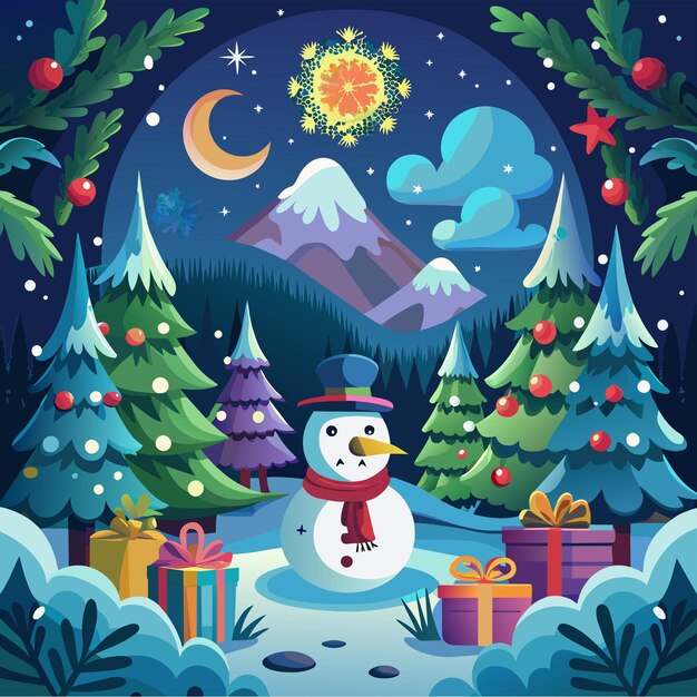 Vector christmas snowman with many gift boxes and decorated tree hand drawn cartoon character