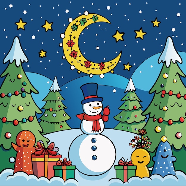 Vector christmas snowman with many gift boxes and decorated tree hand drawn cartoon character