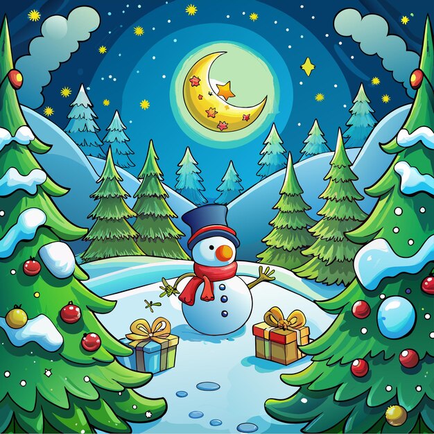 Vector christmas snowman with many gift boxes and decorated tree hand drawn cartoon character