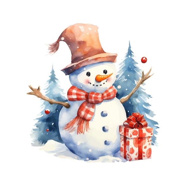 Christmas snowman with pine tree decorations and presents watercolor illustration