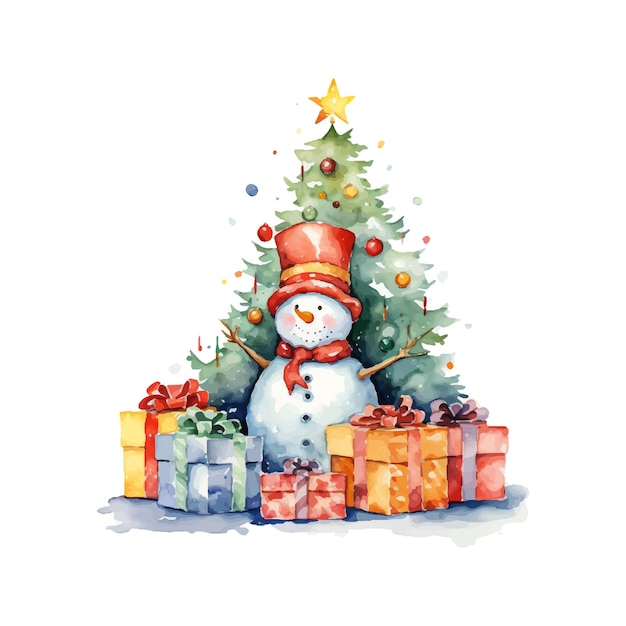 Christmas snowman with pine tree decorations and presents watercolor illustration
