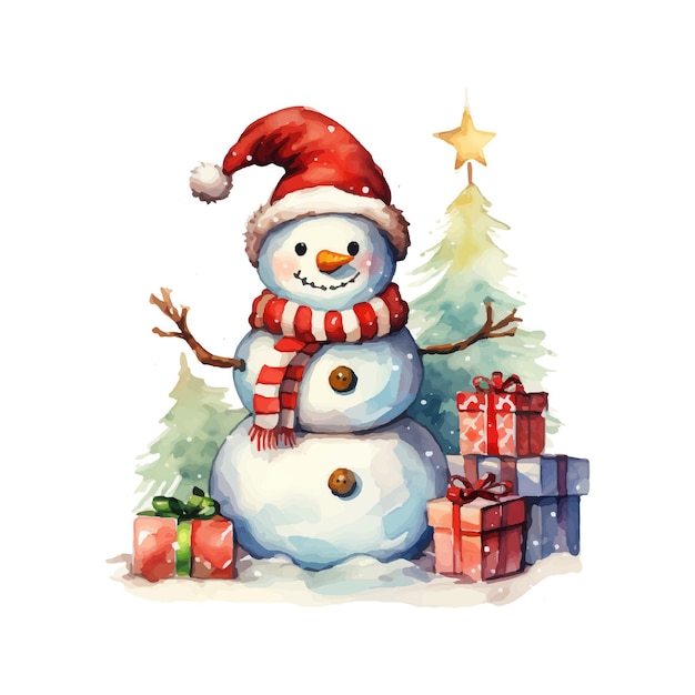 Christmas snowman with pine tree decorations and presents watercolor illustration