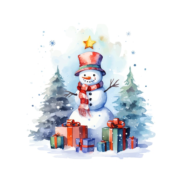 Christmas snowman with pine tree decorations and presents watercolor illustration