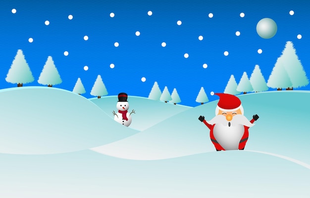 Vector christmas snowman with santa claus in the snow, pine trees, moon and snowflakes on blue winter scene