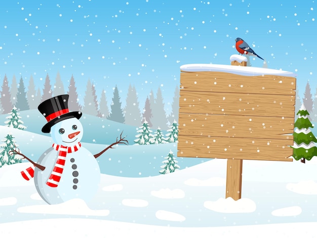 Vector christmas snowman with wooden sign and pine trees