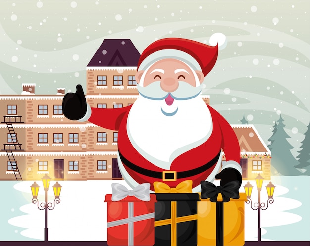 Christmas snowscape scene with santa claus and gifts