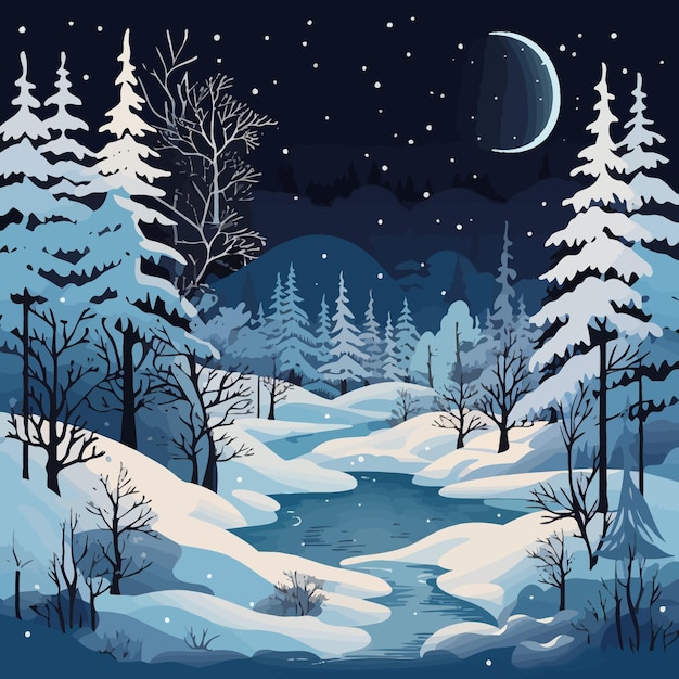 Vector christmas snowy forest nigh landscape