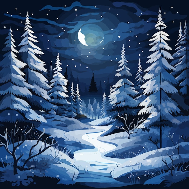 Vector christmas snowy forest nigh landscape