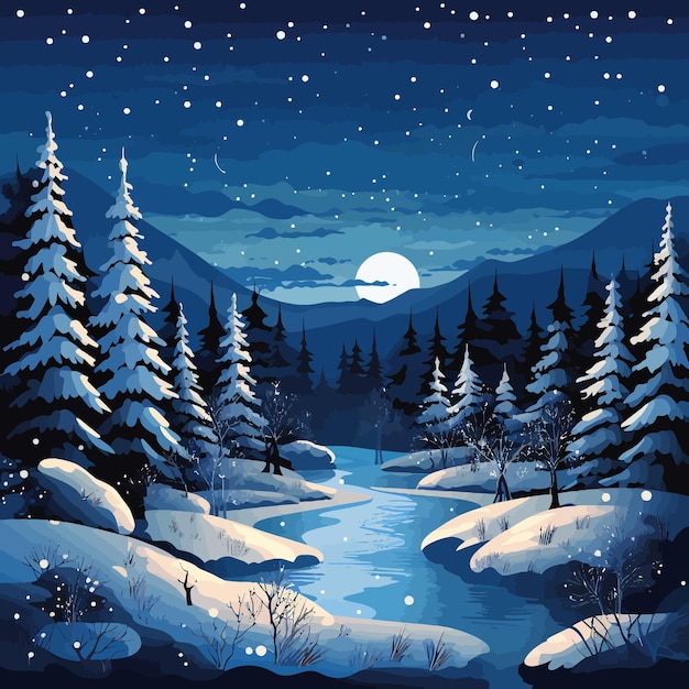 Vector christmas snowy forest nigh landscape