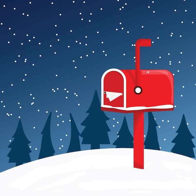 Вектор Рождественская снежная ночная иллюстрация с почтовым ящиком в снегу, наполненным письмами для санта-клауса