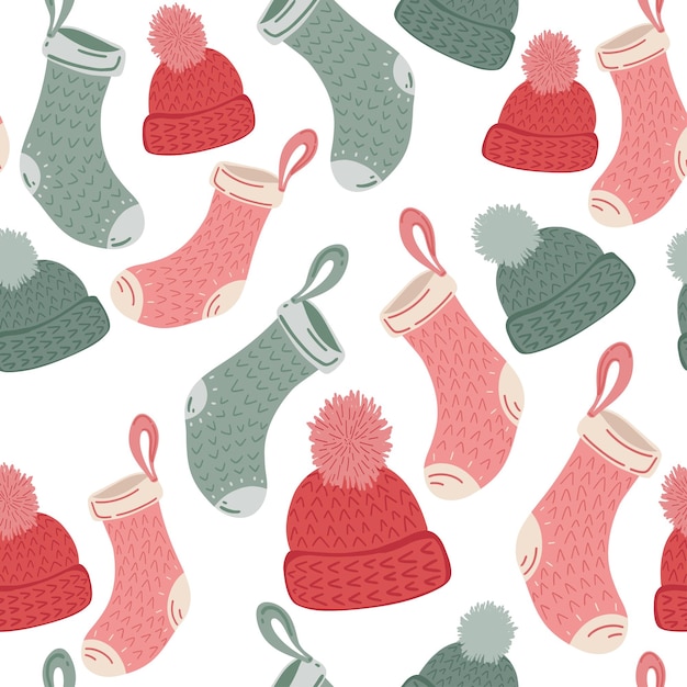 Christmas snowy socks and hats seamless pattern