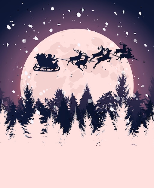 Vector christmas social media backgrounds. snowy forest, full moon, snowfall, flying reindeer and santa