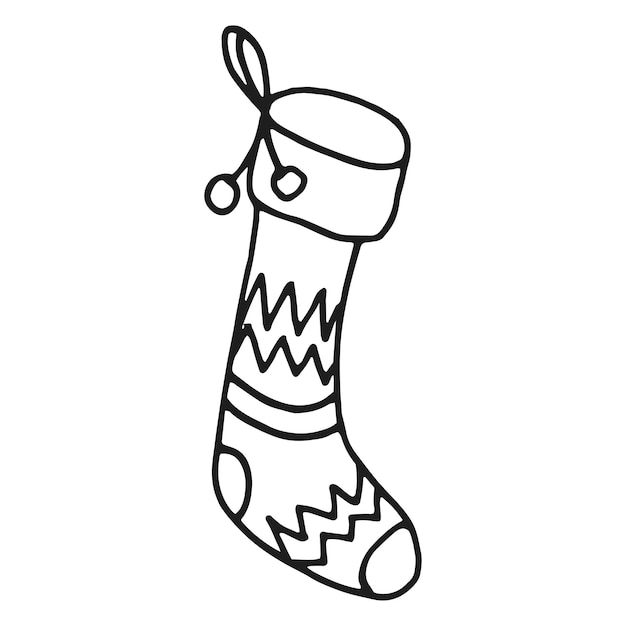 Christmas sock. Black and white doodle. Vector element isolated on white background.