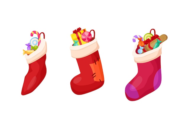 A Christmas sock filled with sweets. Vector cartoon illustration