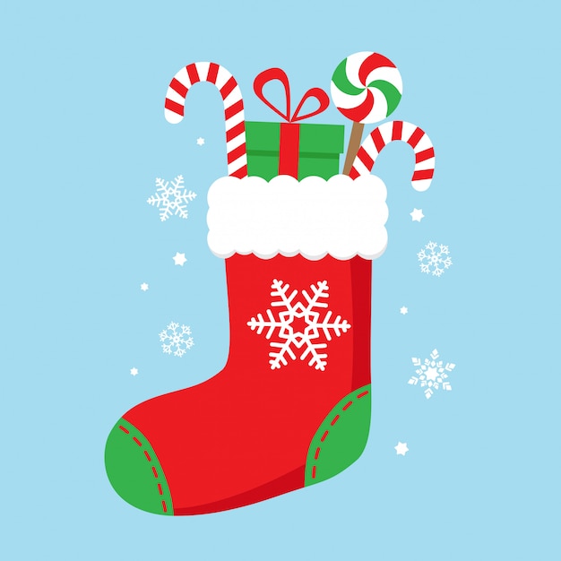 Vector christmas sock with candies and gifts. vector illustrator