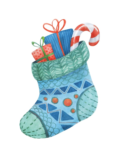 Christmas sock with gifts and sweets. cute, illustration for the new year.