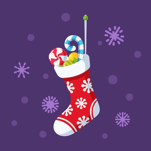 Christmas Sock with Holy Snowflakes Ornament Lollipop and Candy Cane Sweets Winter Xmas Stocking Isolated Element