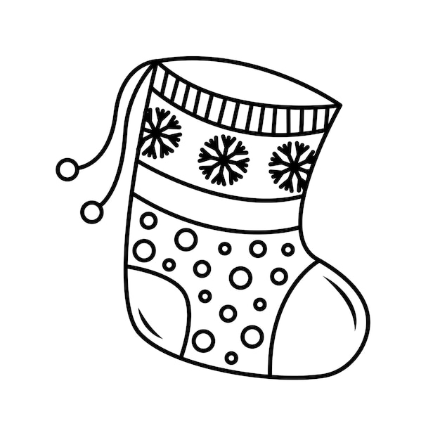 Рождественский носок с узорами и снежинками Графический новогодний черно-белый эскиз изолирован